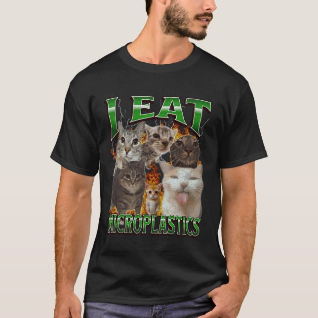 Camiseta Eu Como Microplásticos Funny Cat Meme Bootleg Gráf (Frente)