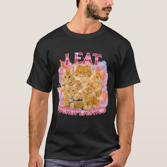 Camiseta Eu Como Microplásticos Funny Cat Meme Bootleg Gráf (Frente)