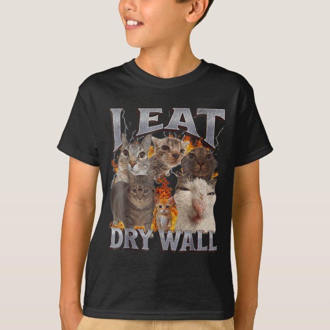 Camiseta Eu Como Parede de Gesso Meme de Gato Engraçado Grá (Frente)