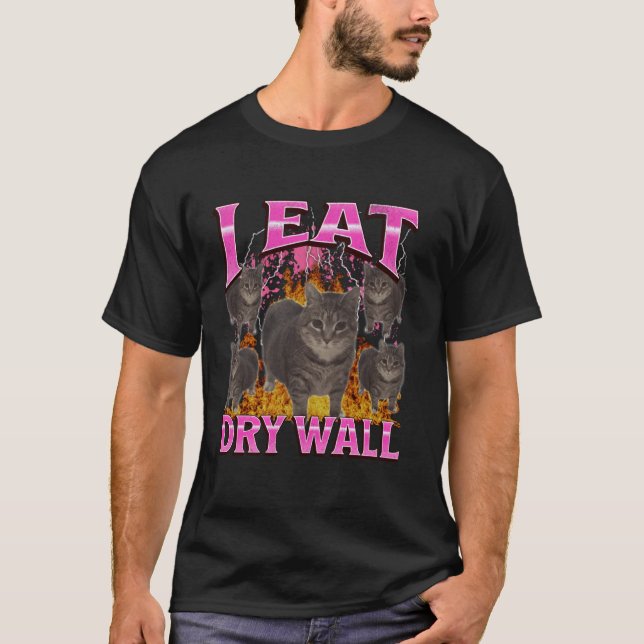 Camiseta Eu Como Parede Seca Engraçado Oia Oia Meme de Gato (Frente)