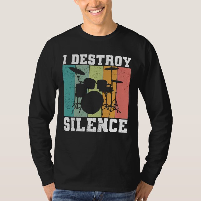Camiseta Eu Destruo Silêncio Vintage Drummer Retro (Frente)