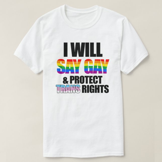 Camiseta Eu direi gay e protegerei os direitos trans (Frente do Design)