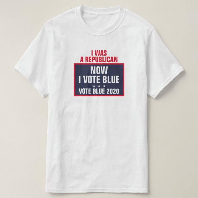 Camiseta Eu era um Republicano Agora Eu Voto a Eleição Azul (Frente do Design)
