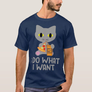 Camiseta Eu faço o que eu quero, gato com pizza e café, eng