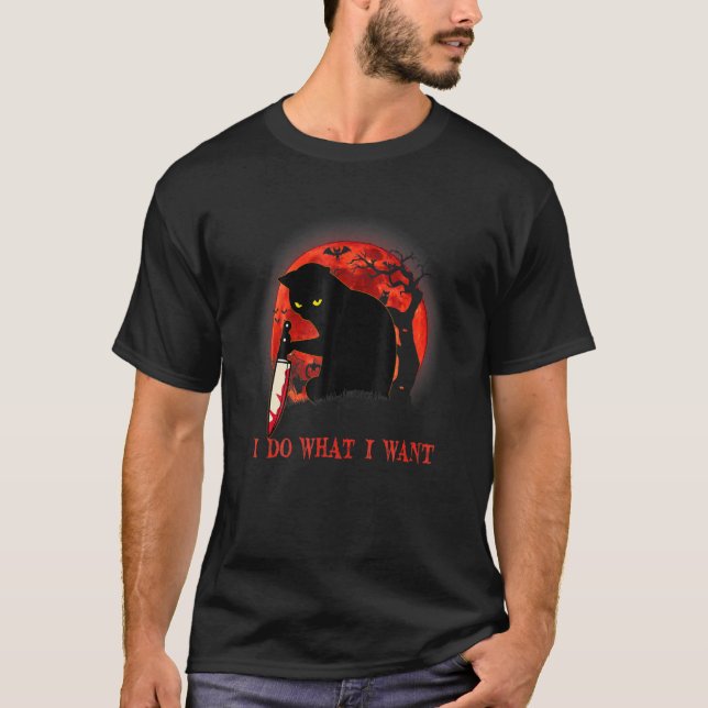 Camiseta Eu Faço O Que Quero Um Gato Assassino De Halloween (Frente)