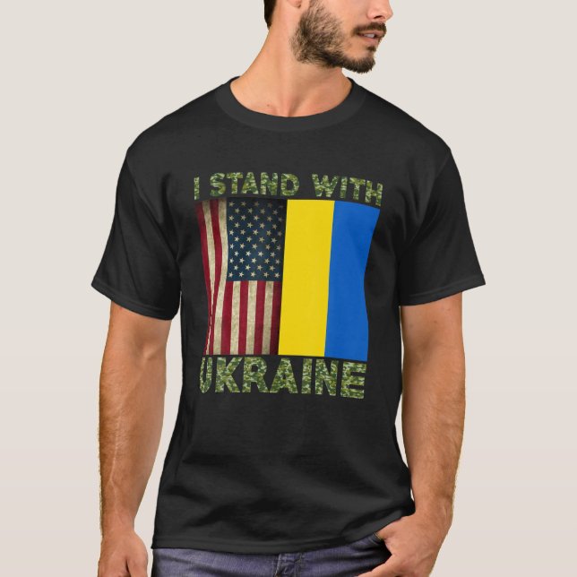 Camiseta Eu Fico Com A Ucrânia Camuflagem Americana (Frente)