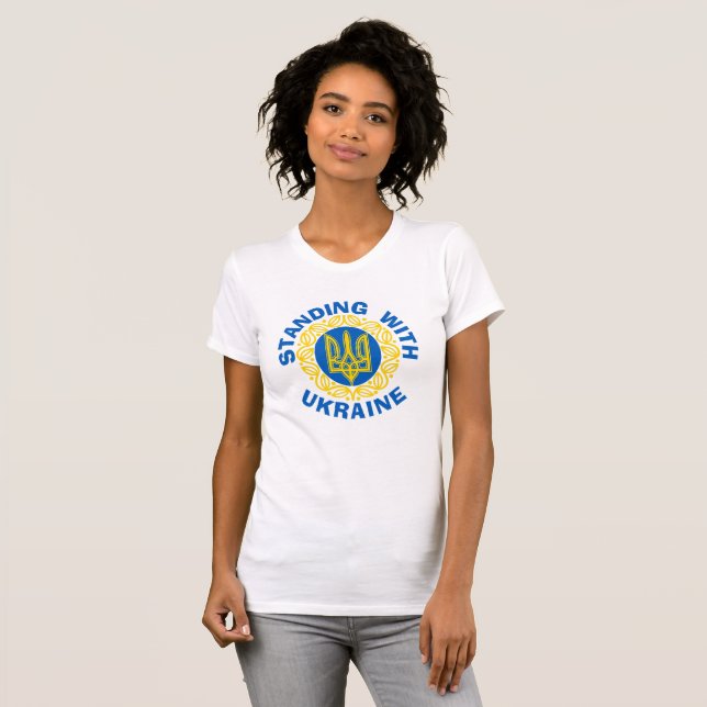 Camiseta EU FICO COM A UCRÂNIA Fine Jersey, T-Shirt feminin (Frente Completa)