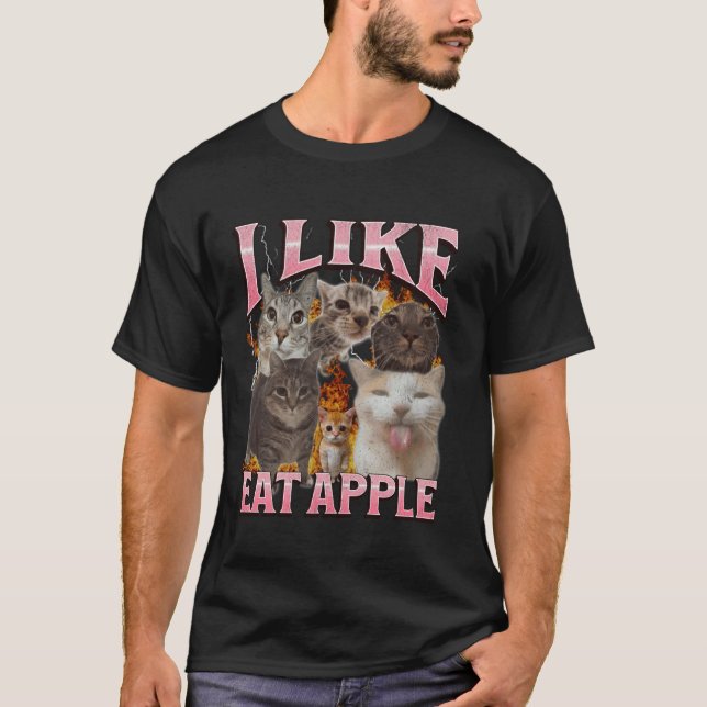 Camiseta Eu Gosto de Comer Meme de Gato Engraçado Maçã Boot (Frente)