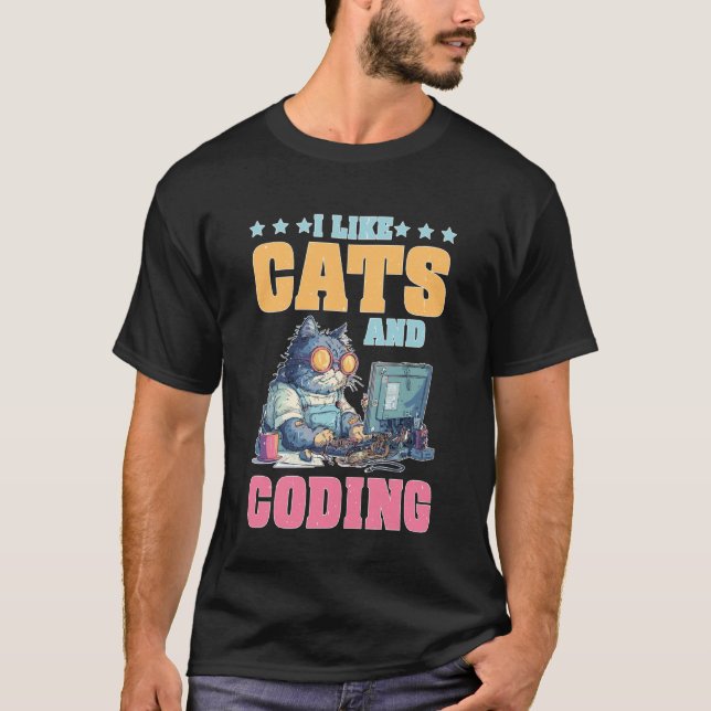 Camiseta Eu Gosto de Gatos e Programador de Codificação Pai (Frente)