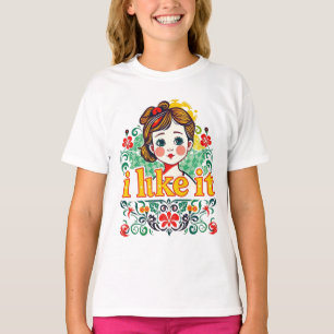 Camiseta Eu Gosto – Garota Retro Fofa Gráfico Floral 