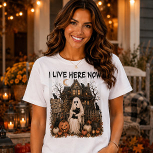 Camiseta Eu Moro Aqui Agora Casa Assombrada Fantasma Hallow