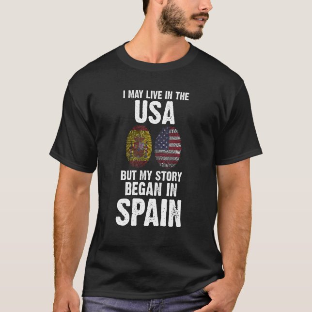 Camiseta Eu moro nos EUA minha história começou na Espanha  (Frente)