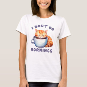 Camiseta Eu não faço manhãs - Gato Laranja Bonito com Café