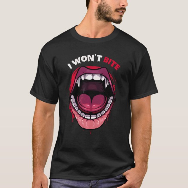 Camiseta Eu não vou morder os dentes de vampiro Lábios verm (Frente)