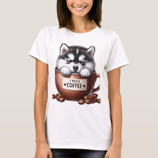 CAMISETA EU PRECISO DE CAFÉ E UM CÃO MALAMUTE DO ALASKA