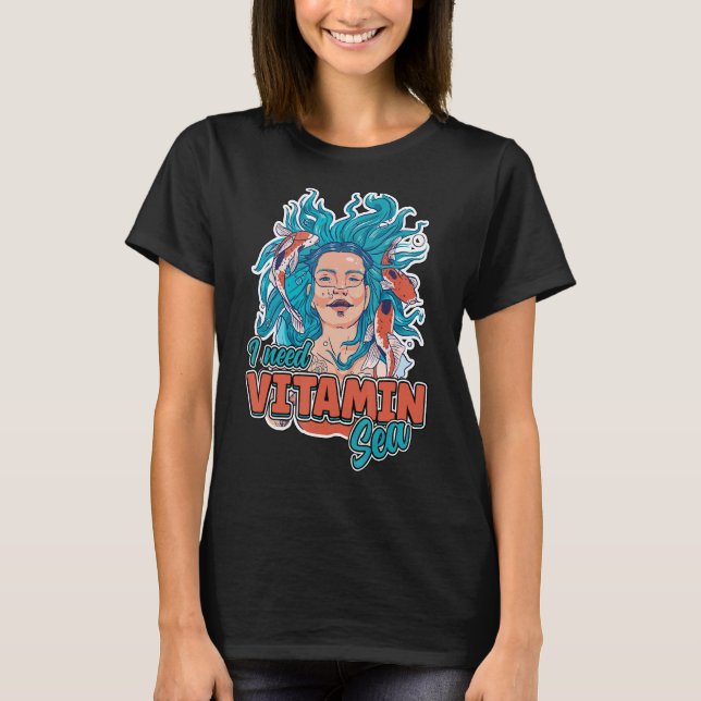 Camiseta Eu Preciso de Mar de Vitamina Onda do Oceano Peixe (Frente)