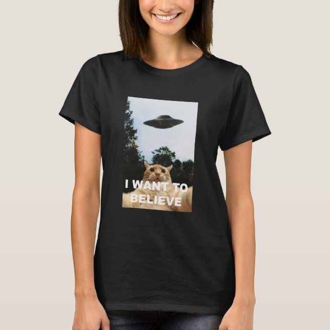 Camiseta Eu Quero Acreditar Em UFO Engraçado Selfie Gato (Frente)