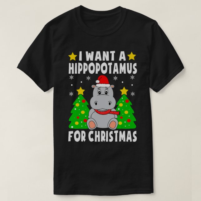 Camiseta Eu Quero Um Hippopotamus Para O Natal Hippo Pajama (Frente do Design)