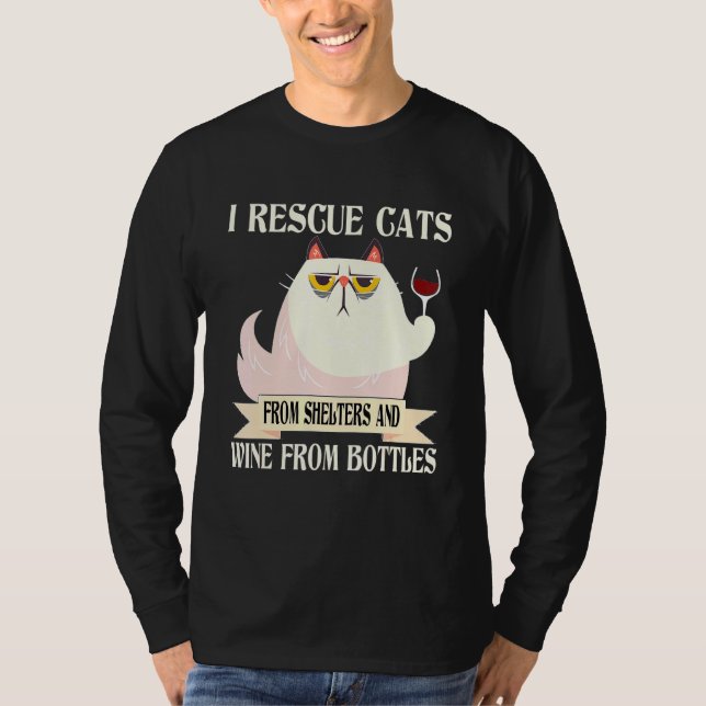 Camiseta Eu Resgate Gato De Abrigo E Vinho De Garrafas K (Frente)