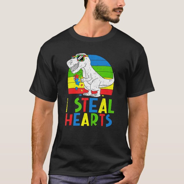 Camiseta Eu Roubo Corações Dinossauros T Rex Quebra-cabeça  (Frente)
