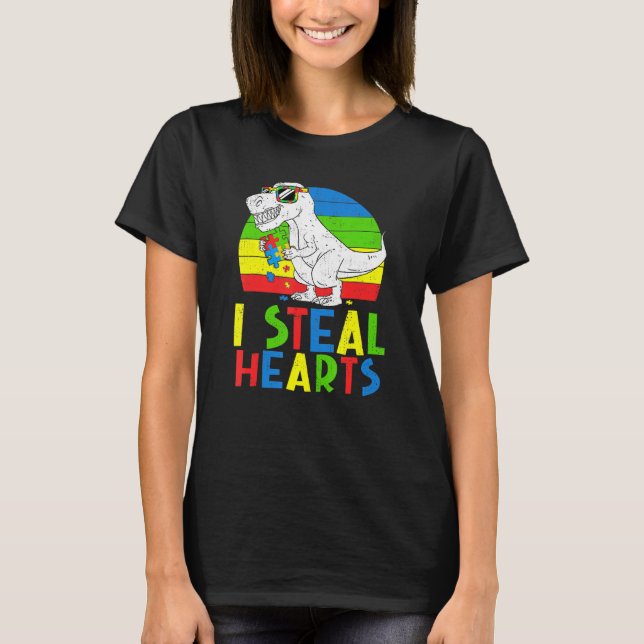 Camiseta Eu Roubo Corações Dinossauros T Rex Quebra-cabeça  (Frente)