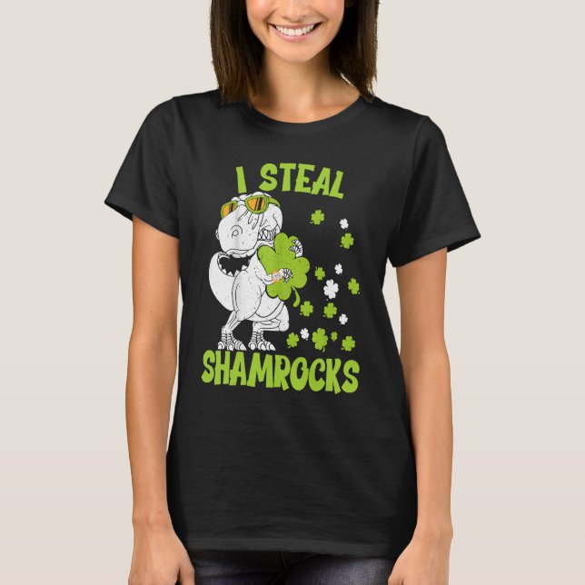 Camiseta Eu Roubo Dia de São Patrício De Shamrocks Dinossau (Frente)
