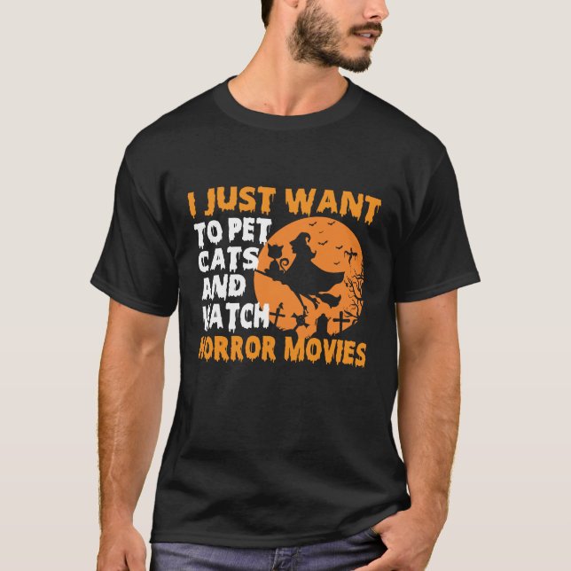 Camiseta Eu só quero comer gatos e assistir filmes horroros (Frente)