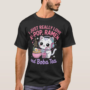Camiseta Eu Só Realmente Amo KPop Ramen e Boba Tea Gato Cam