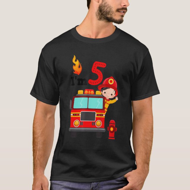 Camiseta Eu sou 5 Birthday Boy Fire Engine Truck Toddler Fi (Frente)