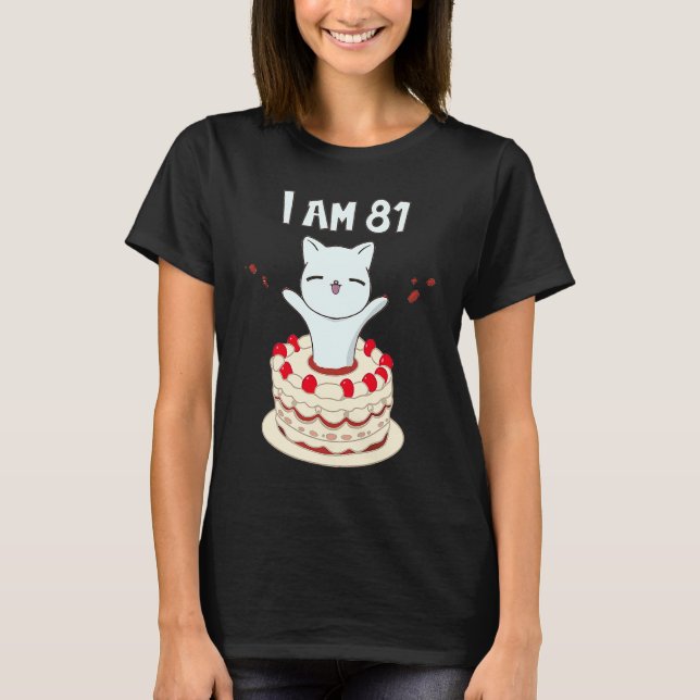 Camiseta Eu sou 81 gatinho bonitinho com bolo de aniversári (Frente)