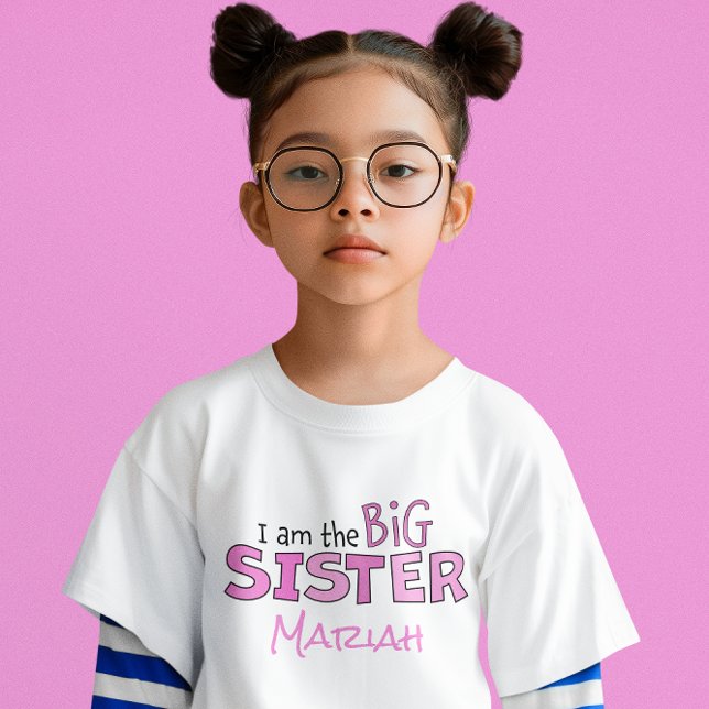 Camiseta Eu sou a Irmã Grande Branca Rosa Moderna (I am the big sister custom t shirt)