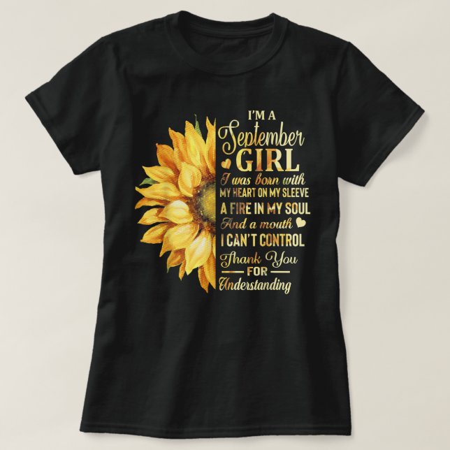 Camiseta Eu sou uma garota de setembro, Sunflower Birthday (Frente do Design)