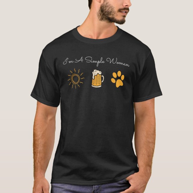 Camiseta Eu sou uma mulher simples, Artesanato de sol, dono (Frente)
