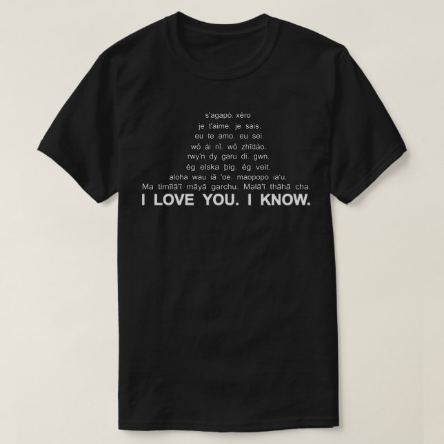 Camiseta eu te amo, eu sei vários idiomas (Frente do Design)