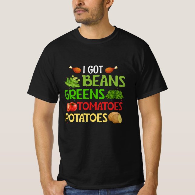 Camiseta Eu tenho feijão verde tomate batatas (Frente)