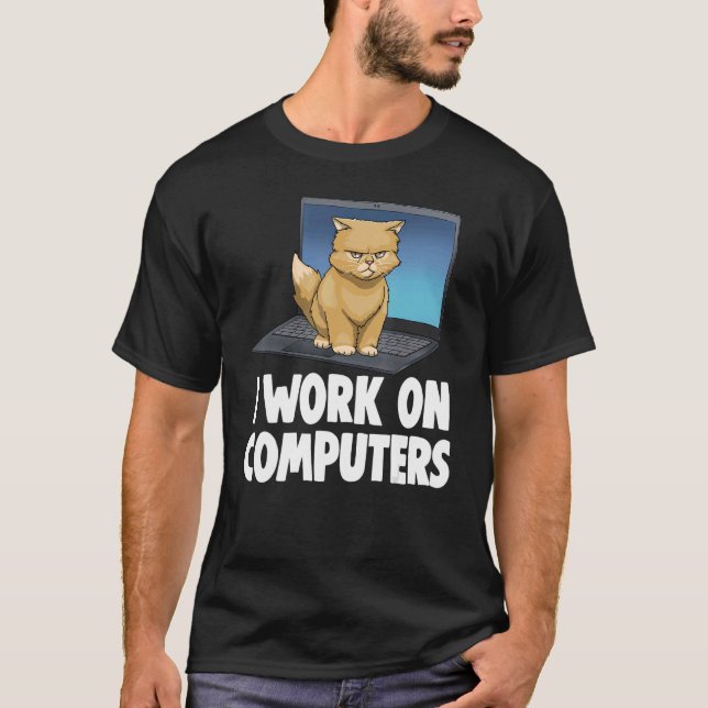Camiseta Eu Trabalho Em Computadores Gato Gato Fresco (Frente)