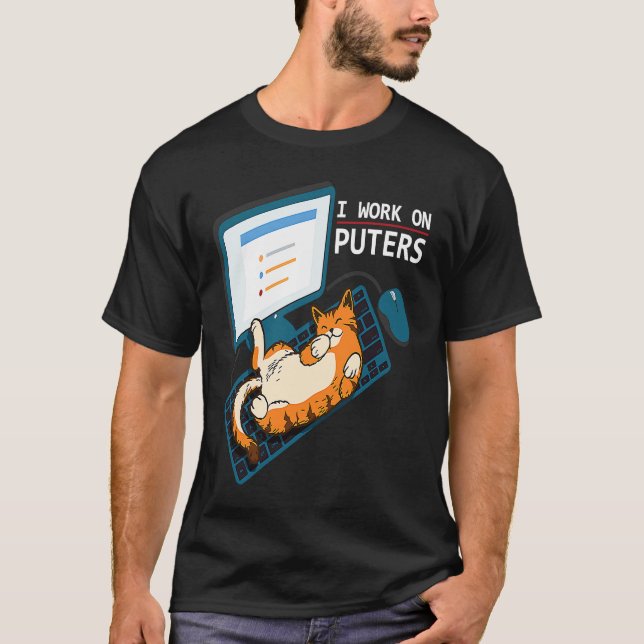 Camiseta Eu Trabalho Em Computadores Gatos Gráficos De Comp (Frente)