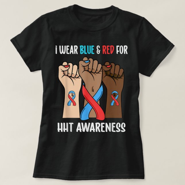 Camiseta Eu Visto Azul e Vermelho para a Consciência HHT (Frente do Design)