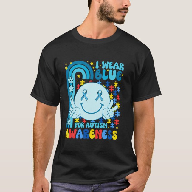 Camiseta Eu Visto Azul para a Consciência Autista Mês Sorri (Frente)