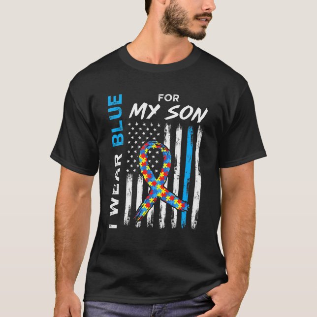 Camiseta Eu Visto Azul Para O Meu Filho Quebra-cabeça de Ba (Frente)