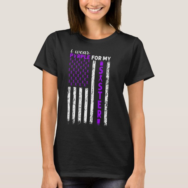 Camiseta Eu Visto Roxo Para Minha Irmã Câncer de pâncreas E (Frente)