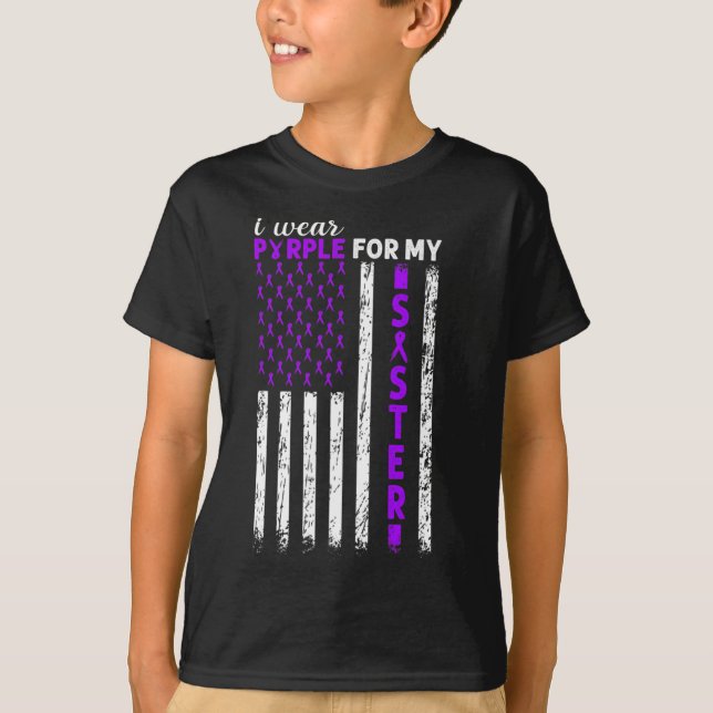 Camiseta Eu Visto Roxo Para Minha Irmã Câncer de pâncreas E (Frente)