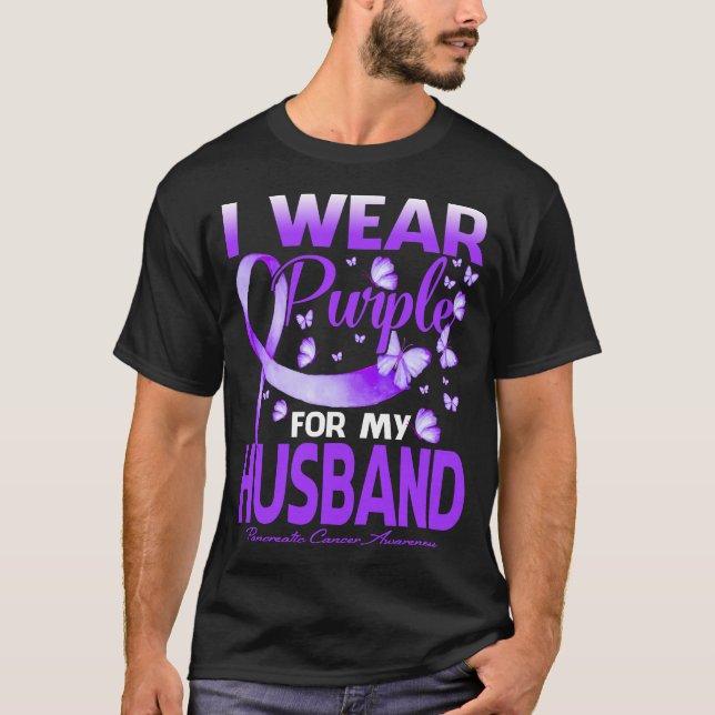 Camiseta Eu Visto Roxo Para O Meu Câncer de pâncreas Marido (Frente)