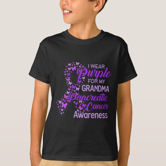Camiseta Eu visto Roxo para o meu Câncer de pâncreas vovó (Frente)