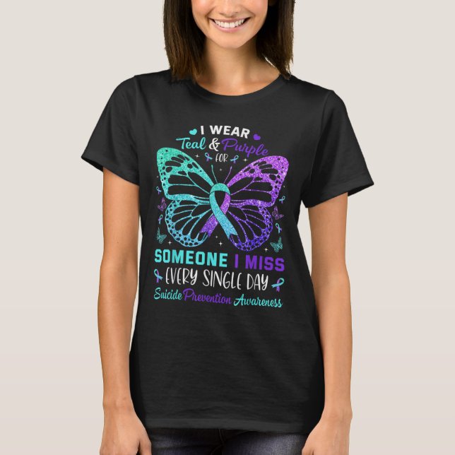 Camiseta Eu Visto Teal &amp; Borboleta Roxa Suicídio Evitar (Frente)