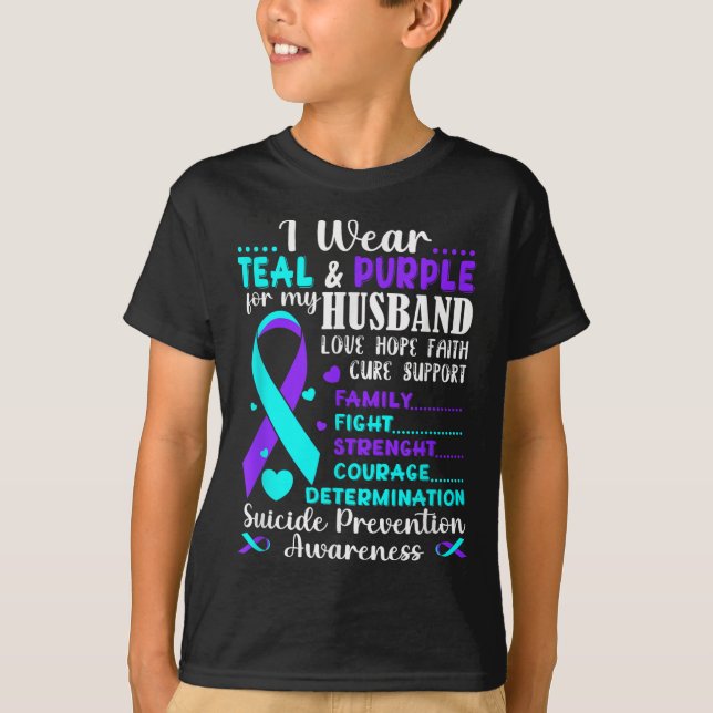 Camiseta Eu Visto Teal &amp; Roxo Para O Meu Marido Suicídi (Frente)
