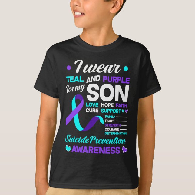 Camiseta Eu Visto Teal e Purple Para Meu Filho Suicídio Pre (Frente)