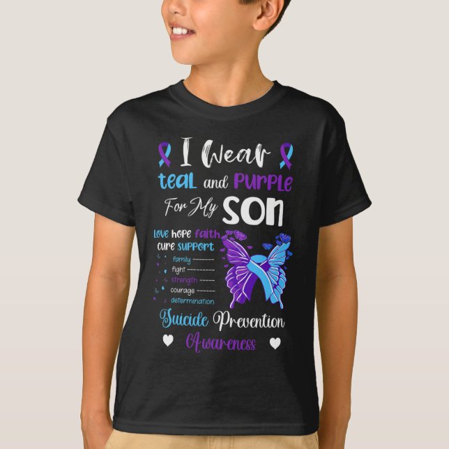 Camiseta Eu Visto Teal e Purple Para Meu Filho Suicídio Pre (Frente)