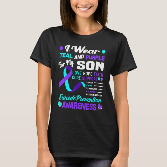Camiseta Eu Visto Teal E Roxo Para O Meu Filho Suicida Prev (Frente)