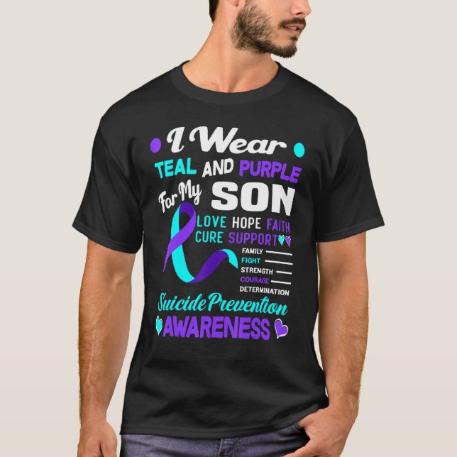 Camiseta Eu Visto Teal E Roxo Para O Meu Filho Suicida Prev (Frente)